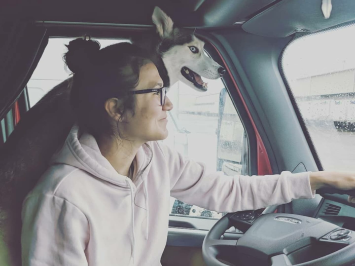 Collins, his wife, and their husky moved into the truck for the trip.