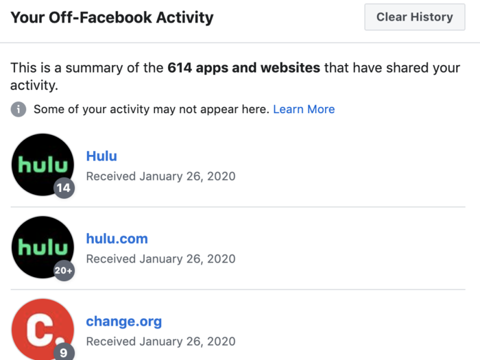 The full list will include third parties that shared your activity with Facebook in the past 180 days. Clicking "Clear History" will delete this information that Facebook has saved.