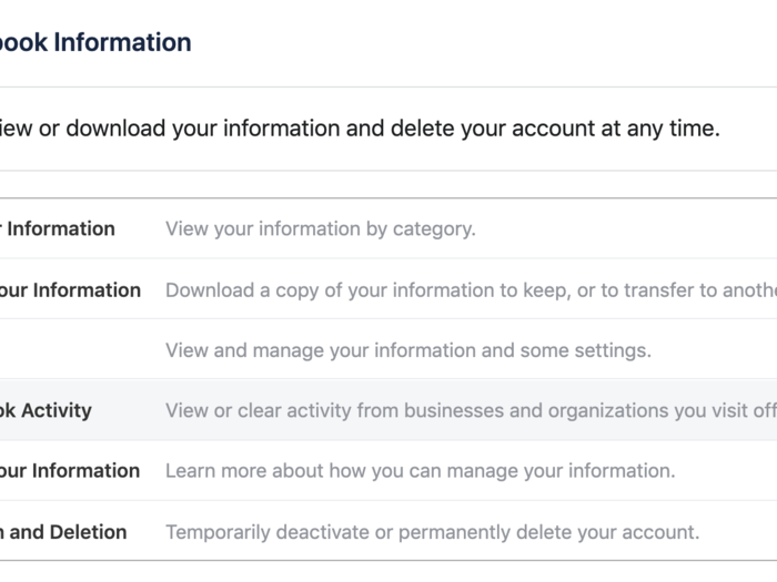 Under "Your Facebook Information," select "Off-Facebook Activity."