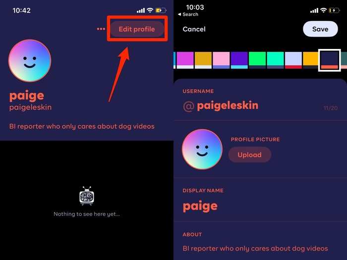 The right-most icon is where you can find your Byte profile. User profiles can be pretty personalized: Besides adding a profile photo, display name, and short bio, users can choose from a variety of color schemes to apply to their profiles.