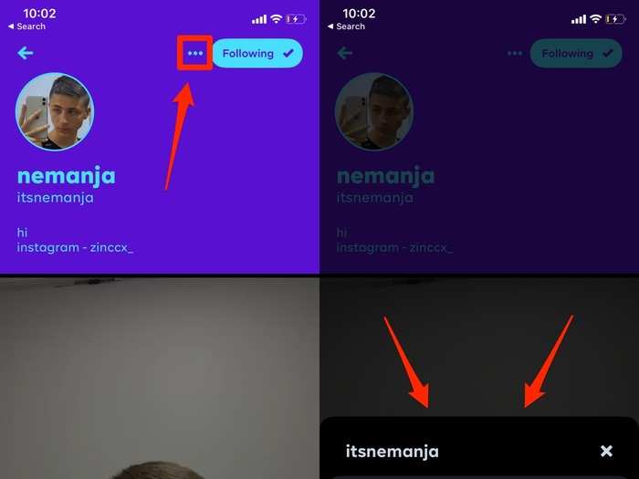 When you click on or discover a Byte user, the app will display their profile (on the left). This is where you can see all of the videos of a certain user, and choose to follow them so they can appear high up in your home feed. On each profile, you can also block or report the user, or choose to view the user