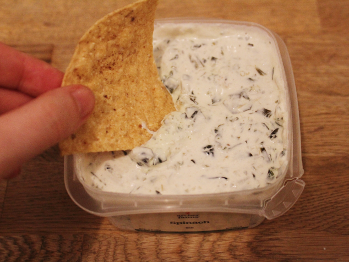 Dipping my tortilla chip into the spinach dip, the consistency was also slightly watery.