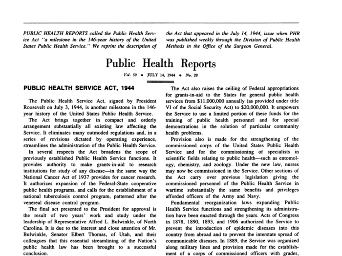 In 1944, the US passed the Public Health Service Act, establishing a clear set of quarantine laws.