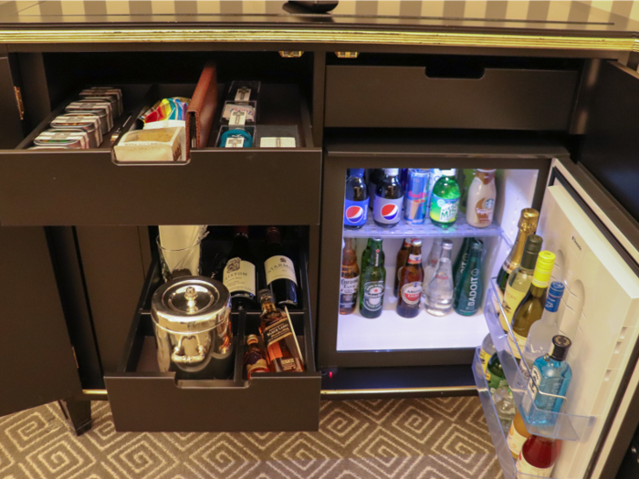 The minibar included an extensive array of sparkling water, soda, Starbucks coffee, liquor, Champagne, wine, and juice.