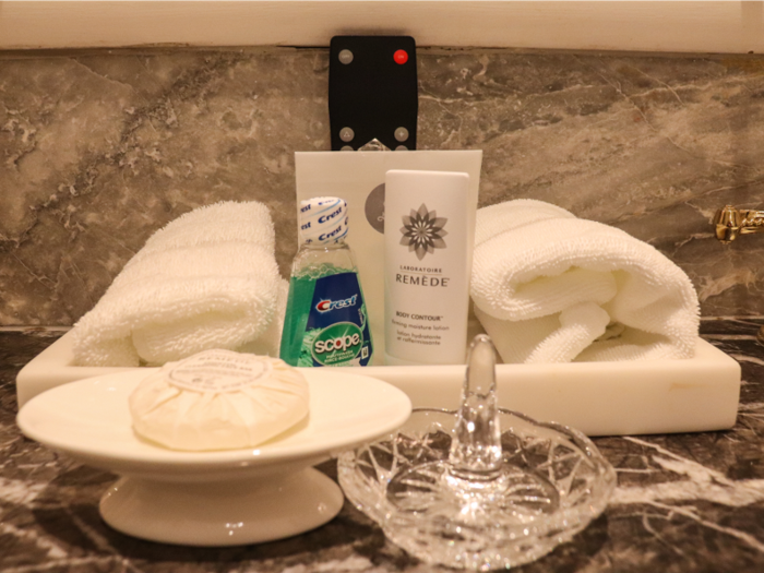 The St. Regis offers Remede bath products and Crest mouthwash.