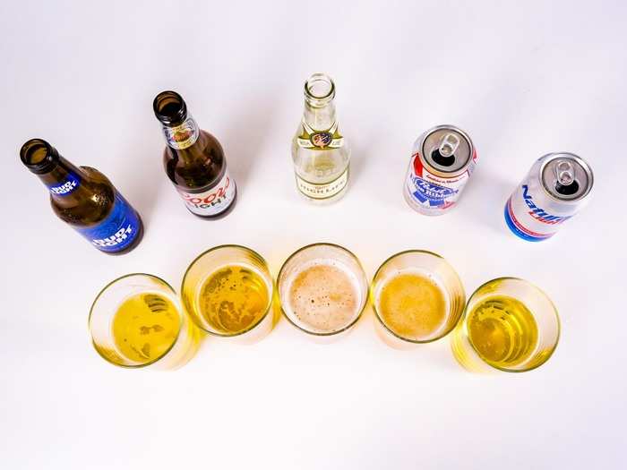 Five cups were laid out for each reporter. The order of beers from left to right was Bud Light, Coors Light, Miller High Life, Pabst Blue Ribbon, and Natural Light.