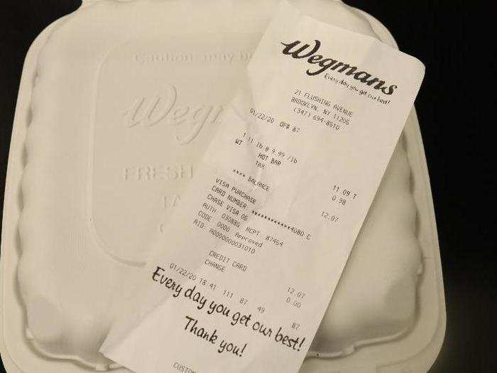 Next, I hit up Wegmans. The price of prepared foods there was the same as at Whole Foods. My meal cost $12.07 after tax. The "Every day you get our best" slogan on the receipt seemed like a good sign.