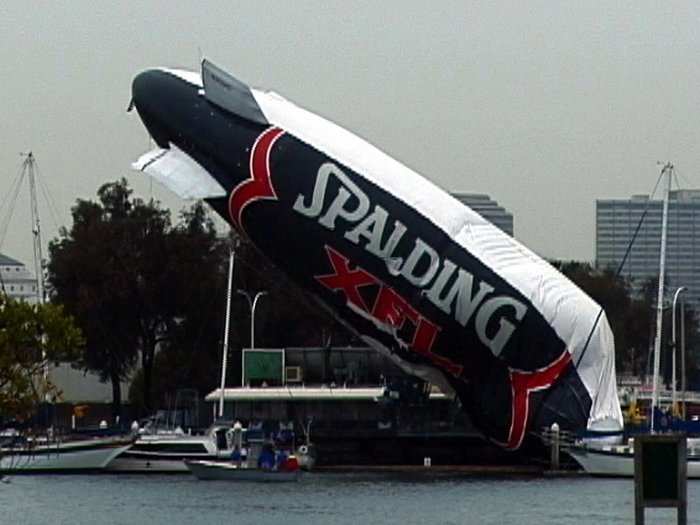 On January 9, almost exactly a month before the league launched, a blimp covered in XFL advertising came crashing down in Oakland, causing about $2.5 million in damage. Looking back, it