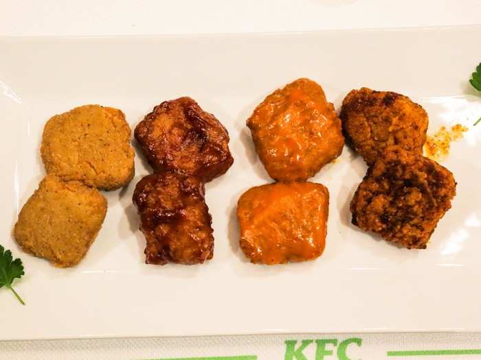  From left to right, the flavors were un-sauced, honey BBQ, Buffalo, and Nashville hot. They are all flavors already available at KFC, so this review won