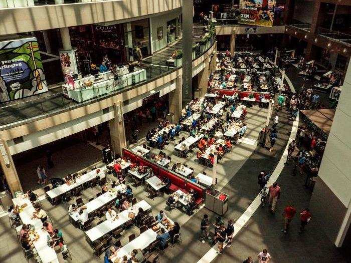 Most mall food courts today have a more practical design, aimed at seating as many people as possible.