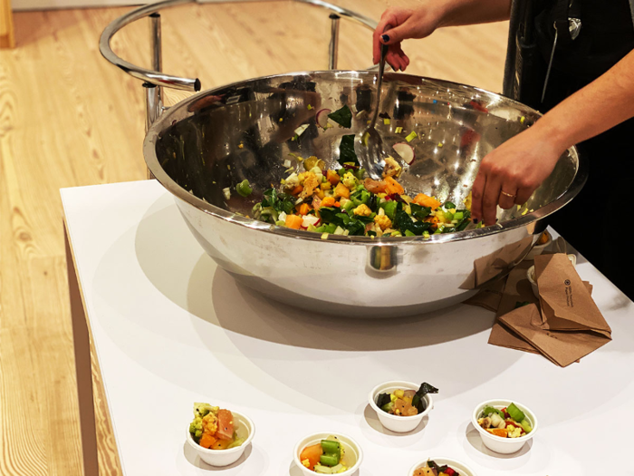 By the time I arrived, the fruits and vegetables had been chopped up into this salad, which Whitney staff served up to guests.