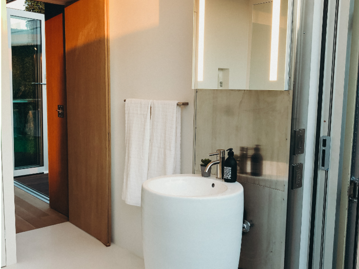 The bathroom is completed with high-end end finishes and a pedestal sink.