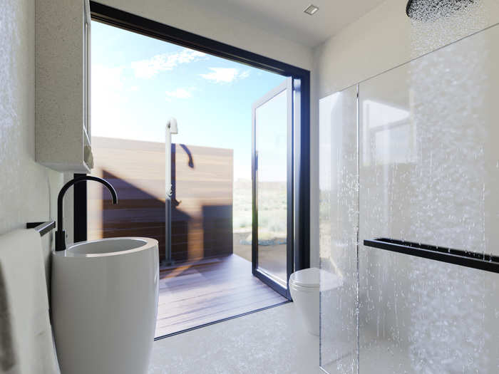 An outdoor shower is a smart addition to keep the tiny home clean after a trip to the beach.