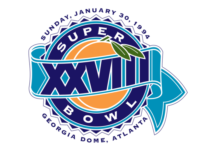 1994: The Dallas Cowboys won again the next year against the Buffalo Bills, 30-13. The logo featured a peach inspired by the Georgia Dome venue.