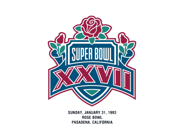 1993: At the Rose Bowl, the Dallas Cowboys won with a strong lead over the Buffalo Bills, 52-17. The logo this year featured three roses in honor of the venue.