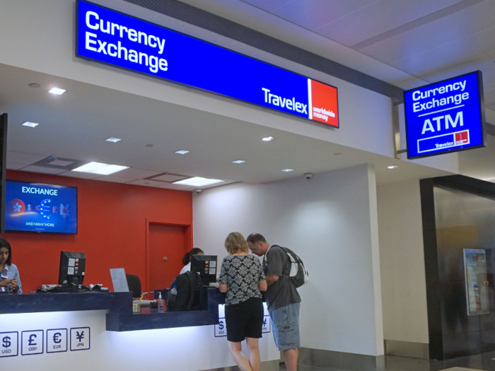 Currency exchange rates can be much less cost-effective inside the airport versus outside.