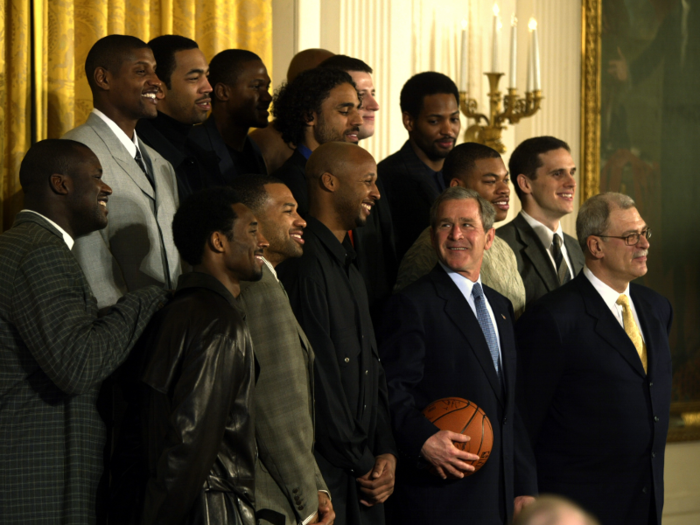 The Lakers and coach Phil Jackson visited the White House in 2002 to meet then-president George W. Bush and celebrate their two championship victories.