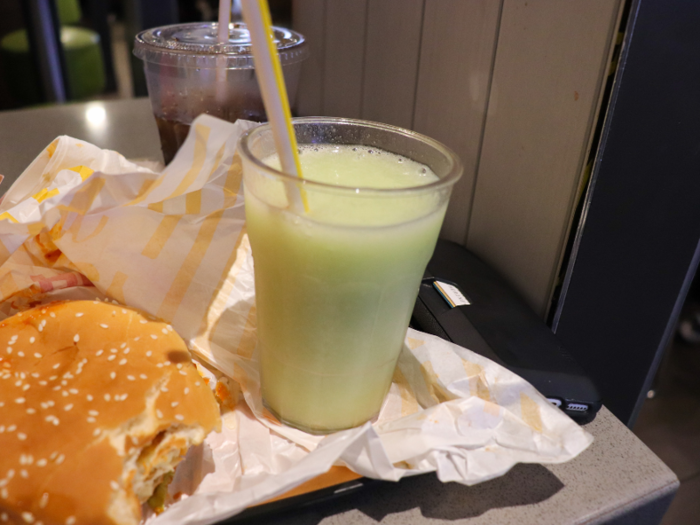 Finally, I had the Green Grape Chiller. Both this frozen drink and the Coke Zero were served in reusable plastic cups, a classy and eco-friendly alternative to the cups in the US.