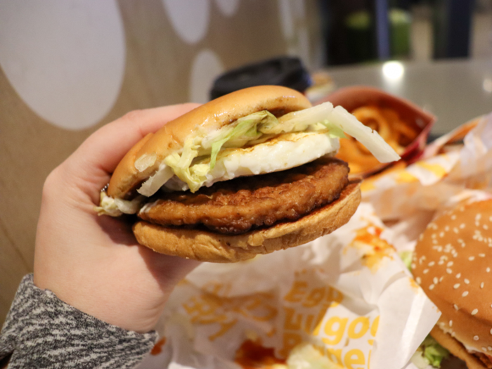 The bulgogi burger was a different story. It was easy to hold the burger — with a flat patty about the size of a Big Mac — in one hand, even with the egg on top.