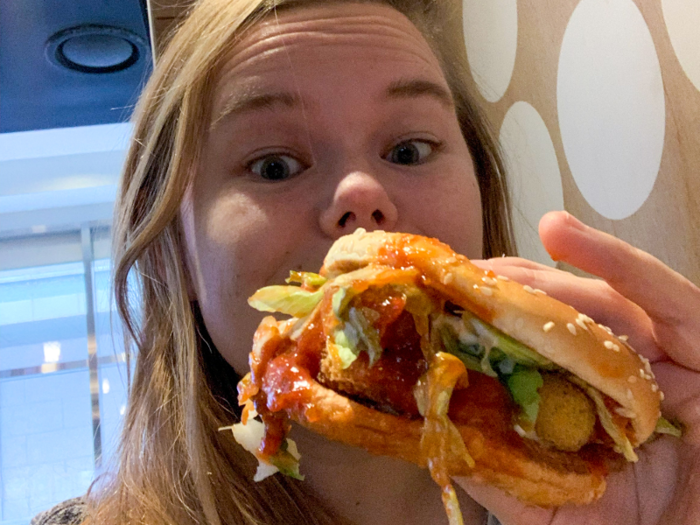 Frankly, it is a beast of a chicken sandwich. I struggled to take a selfie while holding this massive McChicken, ultimately smearing spicy Arrabbiata sauce all over my jeans.