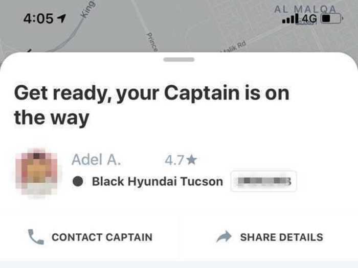 I was assigned a driver within 30 seconds. Careem calls its drivers "Captains."