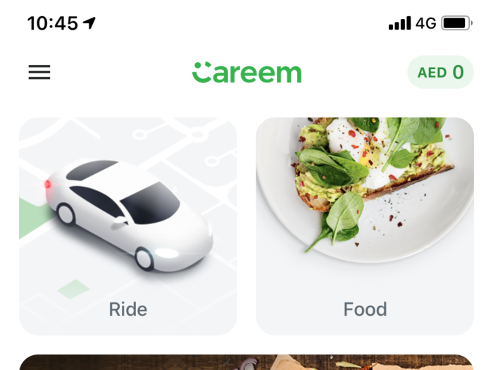 I opened the app, and was presented with options to order a ride or "Careem Now," its food delivery service — basically, its version of Uber Eats.