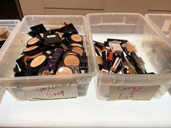 Everywhere I looked, there were miscellaneous plastic bins filled with beauty products ...