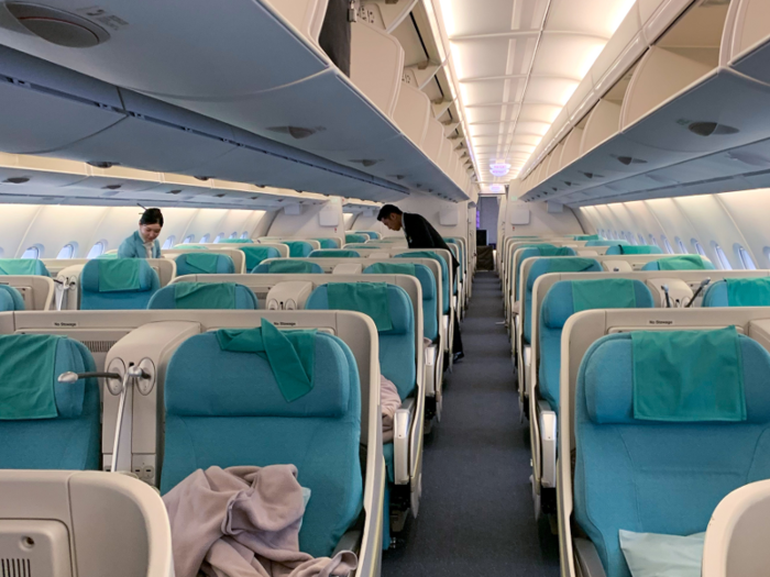 With no one left on the plane, there was a clear path down the aisle, showing how far the Airbus stretches, with row after row of seats that fully recline.