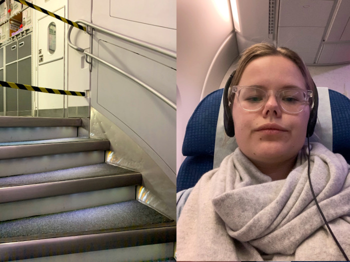 I had heard that there was a staircase at the back of the plane, connecting the first-floor economy and the second-floor prestige class sections. I decided to venture, walking past row after row of economy seats. I found the staircase but my path was blocked! A group of teens laughed at me as I backtracked.