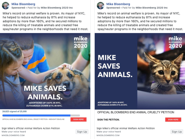 Mike Bloomberg has run at least nine different Facebook ad campaigns promoting his "record on animal welfare," featuring cute pictures of dogs and cats.