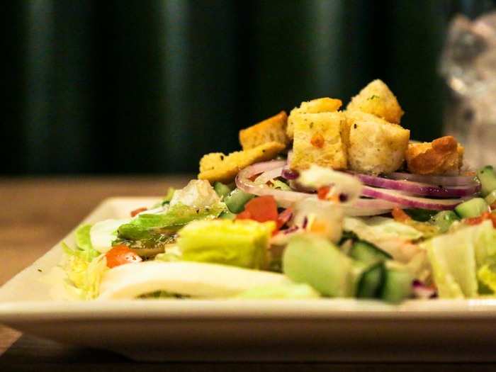 Romaine: check. Croutons: check. Copious dressing: check. Tiny amount of other vegetables: do I have to say it?