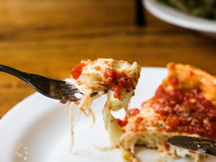 But I found the thick, gooey mozzarella to be kind of bland. The tomato sauce was sweet, but otherwise not very flavorful.