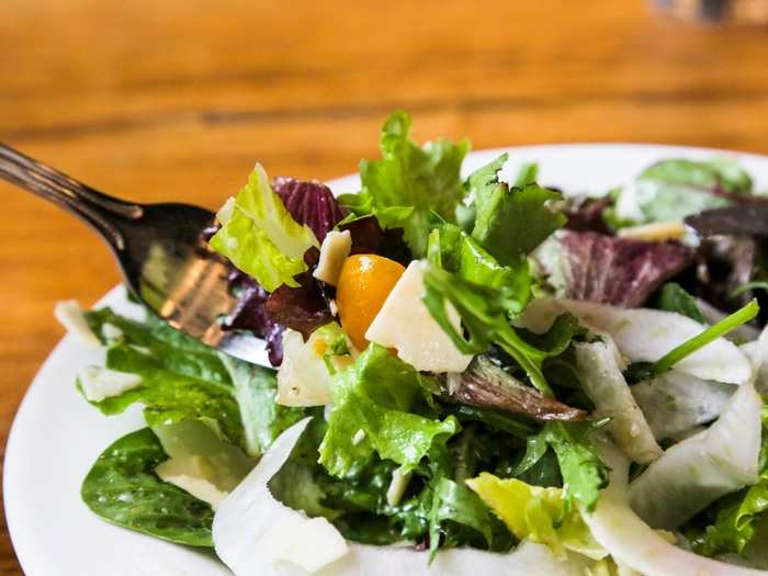 Unlike the typical crouton-infested piles of soggy romaine in a typical house salad, this one tasted like real veggies.