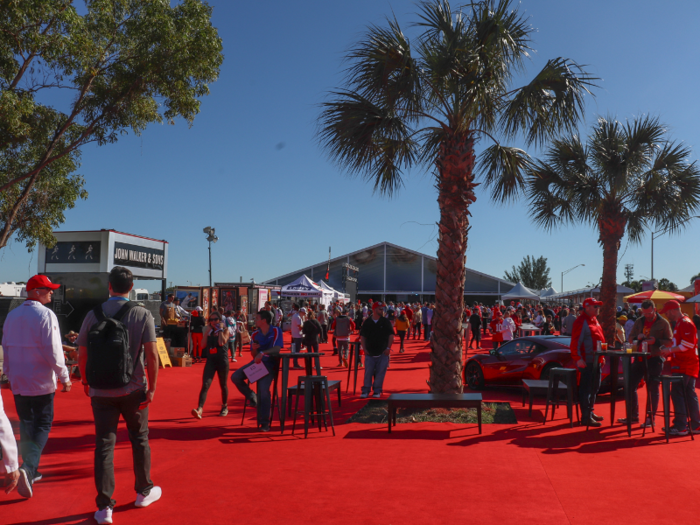 The tailgate was set up in a 2.5-acre space that included a large open-air tent and red carpeting everywhere.