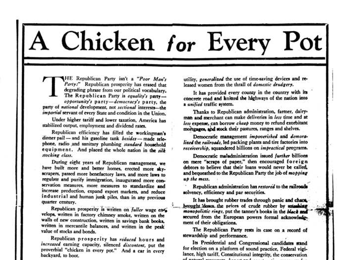 In 1928, a political ad for Herbert Hoover appeared to promise voters "a chicken for every pot," using food as a means to highlight wealth disparities and appeal to the average American.