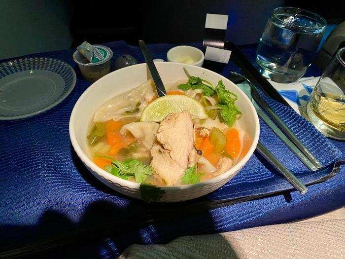 For my entree, I had the ginseng chicken bowl, which had lemon grass chicken broth, grilled chicken, pot stickers, and vegetables. It was light but filling, and incredibly tasty. It may have actually been my all-time favorite plane meal, just from the way it hit the spot.