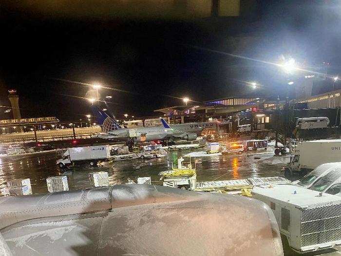 Thanks to that earlier snow squall, plus a few unexpected follow-up squalls, planes leaving Newark had to be de-iced before takeoff. We were on the plane for about two hours waiting to push back.