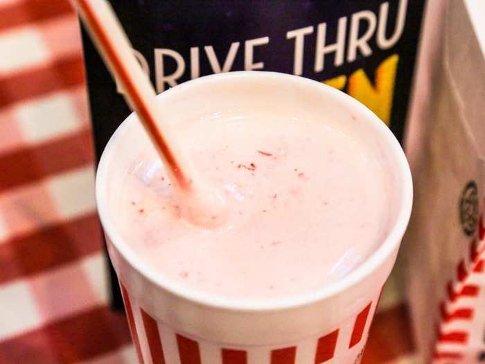 The strawberry milkshake was a creamy classic with strawberry bits blended into the fold.