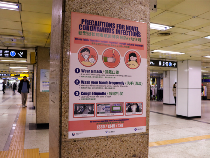 The subway was filled with signs, which explained that stations and trains were being regularly sanitized.