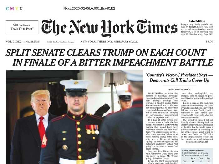 The New York Times headline read: "Split Senate Clears Trump on each Count in Finale of a bitter Impeachment Battle"