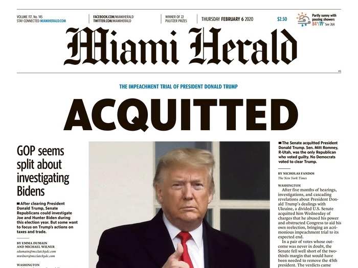 On their front page, Miami Herald mentions the wishes of Senate Republicans that Trump "will just let it go."