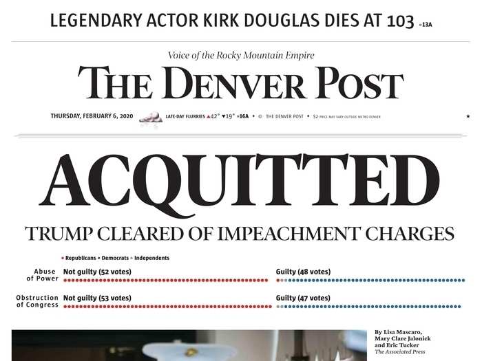 The Denver Post led with the headline "ACQUITTED: TRUMP CLEARED OF IMPEACHMENT CHARGES" alongside a chart of the Senate votes.