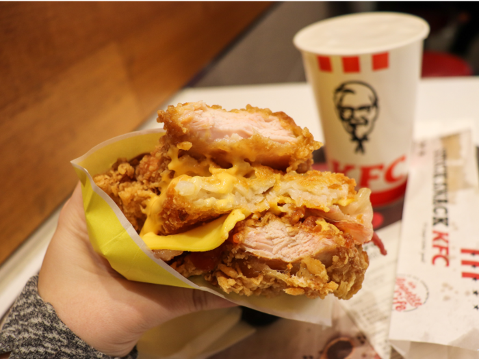 For those who blocked this sandwich from their memories, the Double Down hit menus in the US in 2010. The Double Down has since been taken off the American menu, but it lives on in South Korea as two pieces of fried chicken, sandwiching together a hash brown, cheese, and bacon.