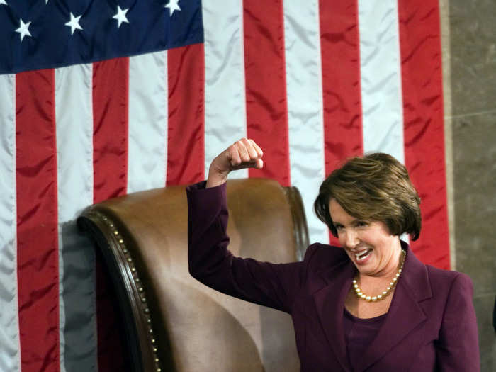 Moments before Nancy Pelosi made history as the first woman Speaker of the House in 2006, she was seen flexing her muscles in victory.