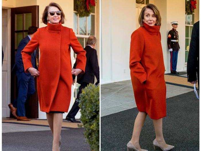 Following a contentious meeting with the president in 2018, Pelosi was seen leaving the Oval Office in a striking red coat, stilettos, and sunglasses. The look exploded on the internet, and memes of Pelosi looking like a power icon quickly followed.