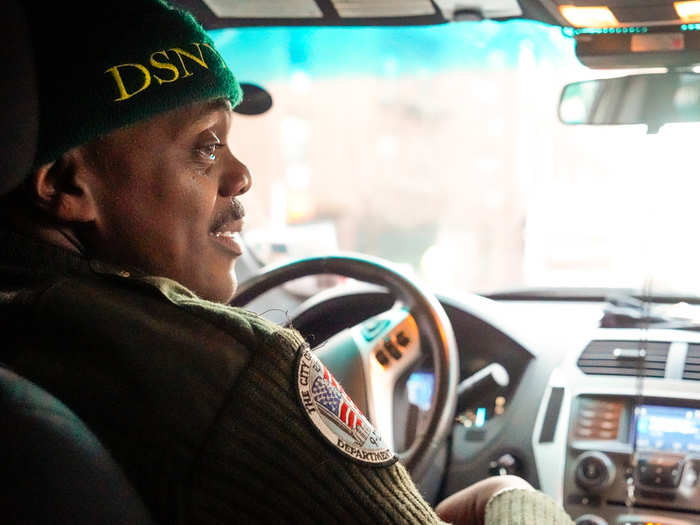 We drove behind the garbage truck alongside DSNY chief Keith Mellis for safety reasons. Chief Mellis oversees all five boroughs and began with the department as a sanitation worker in Harlem 33 years ago.