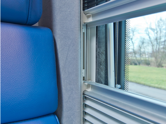 The darkened windows are flush-mounted, which is designed to save space, according to Terra Universal.