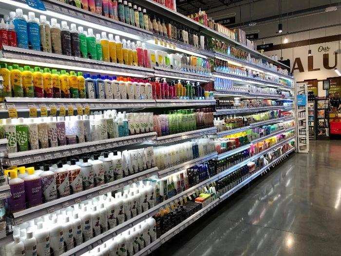 Back-lit shelving highlighted the products in this aisle.