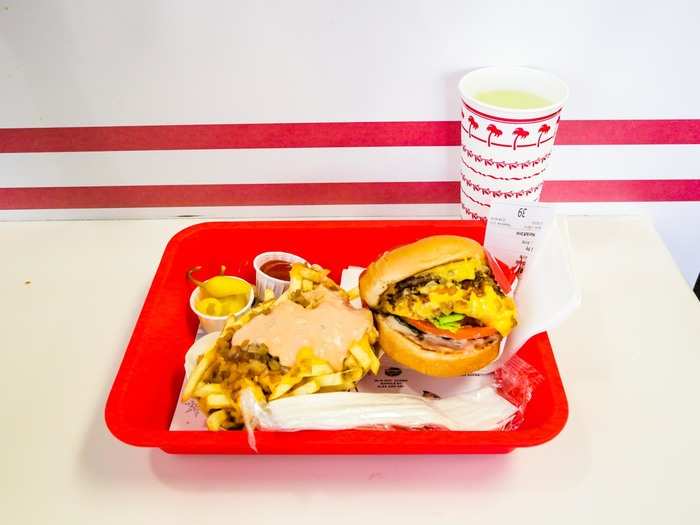 My meal came out after a short wait: an animal-style Double-Double ($4.35), animal-style fries ($3.95), and a medium lemonade ($1.75).