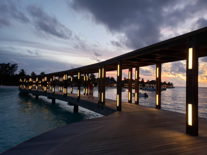 After the three-hour dinner, the bridge back to the main island is beautifully lit up. Hurawalhi is a small island, so there